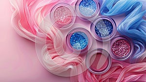 Vibrant Makeup Display with Crushed Blue and Pink Eyeshadow and Soft Pink Fabric