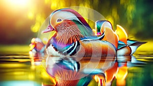 Vibrant Male Mandarin Ducks Swimming Marsh Waterfowl Springtime Morning Sunrise AI Generated