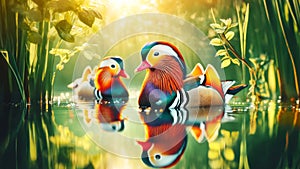 Vibrant Male Mandarin Ducks Swimming Marsh Waterfowl Springtime Morning Sunrise AI Generated