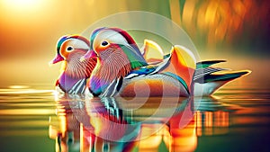 Vibrant Male Mandarin Ducks Swimming Marsh Waterfowl Springtime Morning Sunrise AI Generated