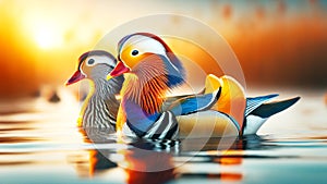 Vibrant Male Mandarin Ducks Swimming Marsh Waterfowl Springtime Morning Sunrise AI Generated