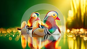 Vibrant Male Mandarin Ducks Swimming Marsh Waterfowl Springtime Morning Sunrise AI Generated