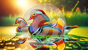 Vibrant Male Mandarin Ducks Swimming Marsh Waterfowl Springtime Morning Sunrise AI Generated