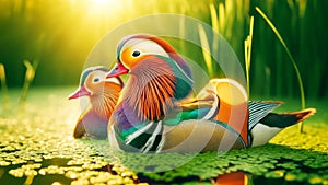 Vibrant Male Mandarin Ducks Swimming Marsh Waterfowl Springtime Morning Sunrise AI Generated