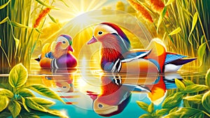 Vibrant Male Mandarin Ducks Swimming Marsh Waterfowl Springtime Morning Sunrise AI Generated