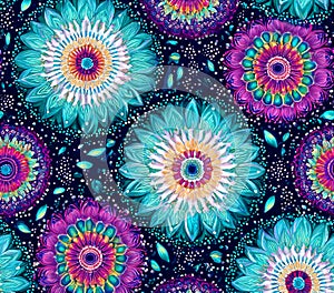 Vibrant Mandala Floral Pattern Teal Purple and Cosmic Design