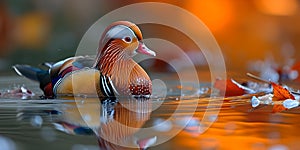 Vibrant mandarin duck on serene water. wildlife photography in golden hour. ideal for nature backgrounds. AI