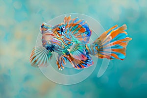 A vibrant mandarin fish swims gracefully against an aquamarine background