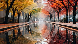 Vibrant Manga-inspired Autumn Streets With Reflecting Trees
