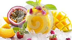 Vibrant mango smoothie topped with passion fruit, garnished with mint and berries, surrounded by ice