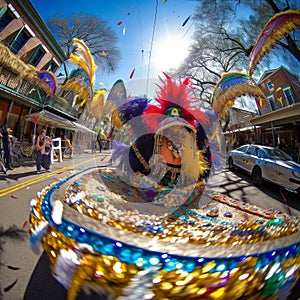 Vibrant Mardi Gras Float with Feathers and Glitter