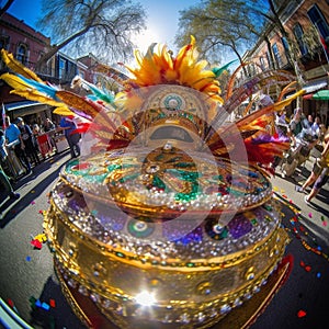 Vibrant Mardi Gras Float with Feathers and Glitter
