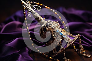 Vibrant Mardi Gras Jesters Hat & Scepter on Purple Satin