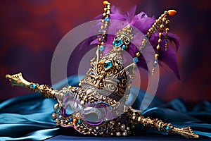 Vibrant Mardi Gras Jesters Hat & Scepter on Purple Satin