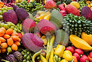 In the vibrant marketplace, a colorful array of exotic tropical fruits awaits, their unique shapes and textures a feast