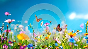 Vibrant Meadow with Butterflies and Wildflowers under Blue Sky. Cheerful Nature Scene Captured on Bright Sunny Day