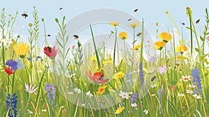 Vibrant Meadow with Colorful Wildflowers and Buzzing Bees