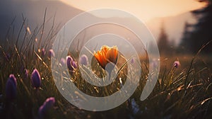 Vibrant Meadow With Crocus Flowers At Sunrise In The Style Of Michal Karcz And Felicia Simion photo