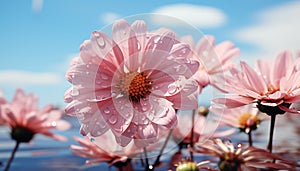 A vibrant meadow of multi colored flowers in the summer sun generated by AI