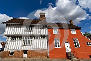 Vibrant medieval timber beam architecture at historic wool town in Suffolk