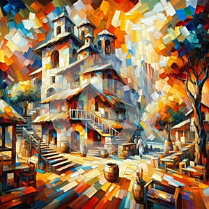 Vibrant Medieval Village Scene with Towering Architecture and Bustling Activity