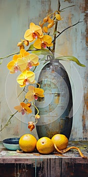 Vibrant Melons And Antique Metallic Vases With Yellow Orchids