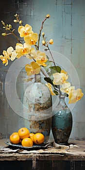 Vibrant Melons And Antique Metallic Vases With Yellow Orchids