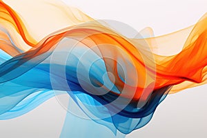 A vibrant and mesmerizing wave of blue and orange smoke on a clean and crisp white backdrop, Render intense shades of orange and