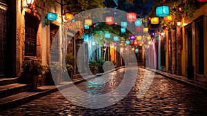 Vibrant mexican lanterns illuminating cobbled street at traditional festive celebration photo