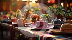 Vibrant Mexican Market Stall: Colorful Sombreros and Serapes on Wooden Table