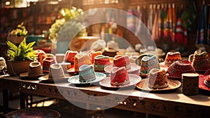 Vibrant Mexican Market Stall: Colorful Sombreros and Serapes on Wooden Table