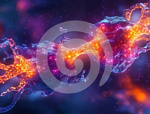 Vibrant Microscopic Cell Network Glowing Orange Pink Blue