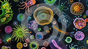 A vibrant microscopic image showing the diversity of shapes and sizes a different types of protozoa with some elongated