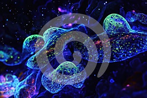 Vibrant microscopic view of glowing microorganisms in a dark environment