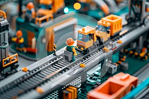 Vibrant Miniature Toy Train Setup with Diverse Tiny Figures and Colorful Plastic Blocks in a Pretend Industrial Landscape