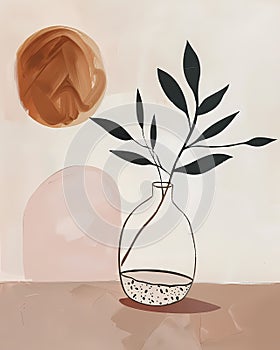 Vibrant Minimalist Boho Art: Abstract Plant and Vase Painting for Home Decor