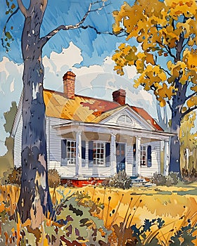 Vibrant Mississippi Art Painting: House with Porch and Tree