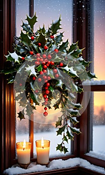 Vibrant Mistletoe And Holly Resting Beside A Snowy Window, Illuminated By Candleligh. Generative AI