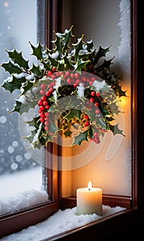 Vibrant Mistletoe And Holly Resting Beside A Snowy Window, Illuminated By Candleligh. Generative AI