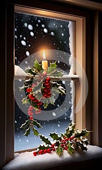 Vibrant Mistletoe And Holly Resting Beside A Snowy Window, Illuminated By Candleligh. Generative AI