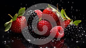 Vibrant Mixed Berries with Leaves: Raspberries, Blueberries, Blackberries, Strawberries