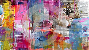 Vibrant mixed media collage Abstract patterns, newspaper clippings, vivid colors, Ai Generated