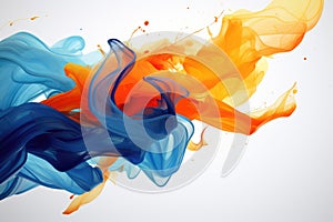 A vibrant mixture of blue, orange, and yellow liquid suspended in mid-air, Depict a vibrant splash of orange and blue in an