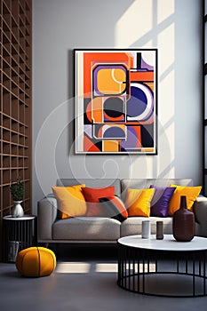 Vibrant modern living room interior with a sofa, round table, and bright abstract painting on the wall. Generative AI