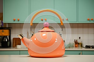 Vibrant Modern Pink Kettle with Yellow Handle in Colorful Kitchen Setting