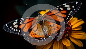 Vibrant monarch butterfly pollinates single yellow flower in natural beauty generated by AI