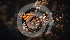 Vibrant monarch butterfly wing in summer forest generated by AI