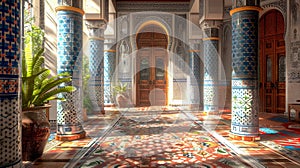 Vibrant moroccan riad zellige tilework in sunlight, colorful mosaic, detailed architectural beauty