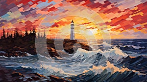 Vibrant Mosaic: A Stunning Sunset With A Majestic Lighthouse