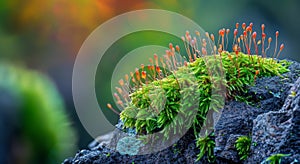 Vibrant moss and sporophytes thriving on a rock